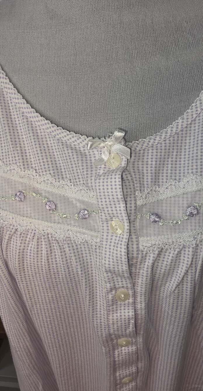 Vintage Cottagecore Amanda Stewart Purple Gingham Nightgown Size Medium Cotton
